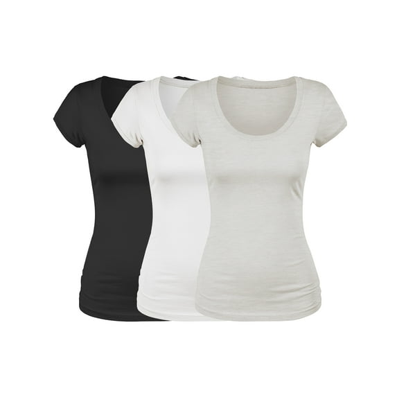 Essential Basic Scoop Neck Short Sleeve Basic Tee - 3 Pack - Blk, Wht, Oat, 2XL