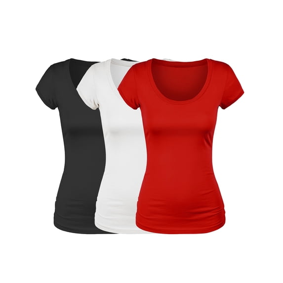 Essential Basic Scoop Neck Short Sleeve Basic Tee - 3 Pack - Blk, Wht, Red, Small
