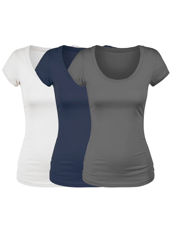 Scoop Neck Short Sleeve Basic Tee - 3 Pack - Wht, Chc, Navy, 2XL