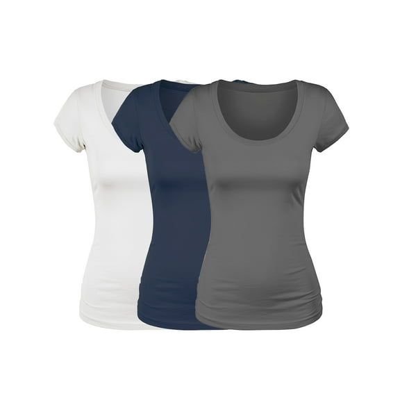 Essential Basic Scoop Neck Short Sleeve Basic Tee - 3 Pack - Wht, Chc, Navy, Small
