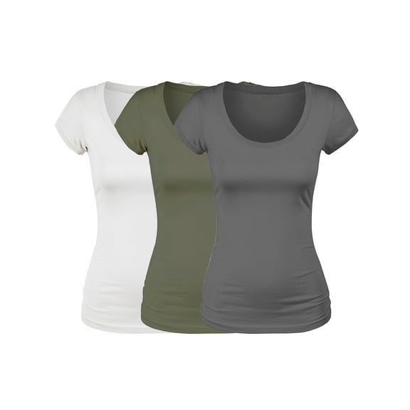 Essential Basic Scoop Neck Short Sleeve Basic Tee - 3 Pack - Wht, Chc, Olive, Medium
