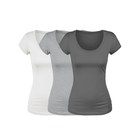 Essential Basic Scoop Neck Short Sleeve Basic Tee - 3 Pack - Wht, Hgray, Chc, Small