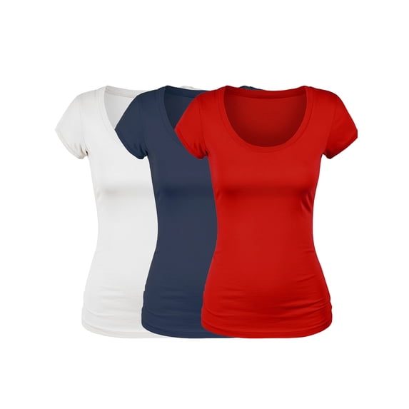 Essential Basic Scoop Neck Short Sleeve Basic Tee - 3 Pack - Wht, Navy, Red, Medium