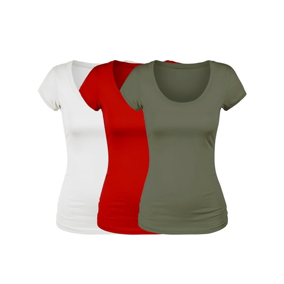 Essential Basic Scoop Neck Short Sleeve Basic Tee - 3 Pack - Wht, Olive, Red, Large