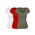 thumbnail image 1 of Essential Basic Scoop Neck Short Sleeve Basic Tee - 3 Pack - Wht, Olive, Red, Small, 1 of 5