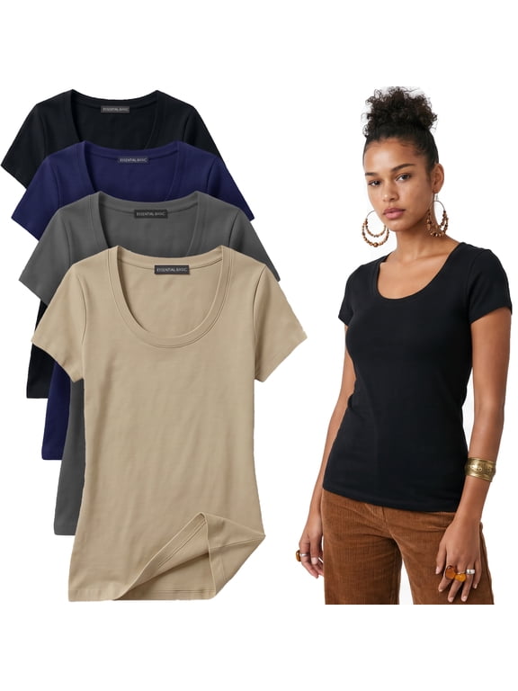 Scoop Neck Short Sleeve Basic Tee - 4 Pack - Beige, Tr Nvy, Chrcl, Blk, S