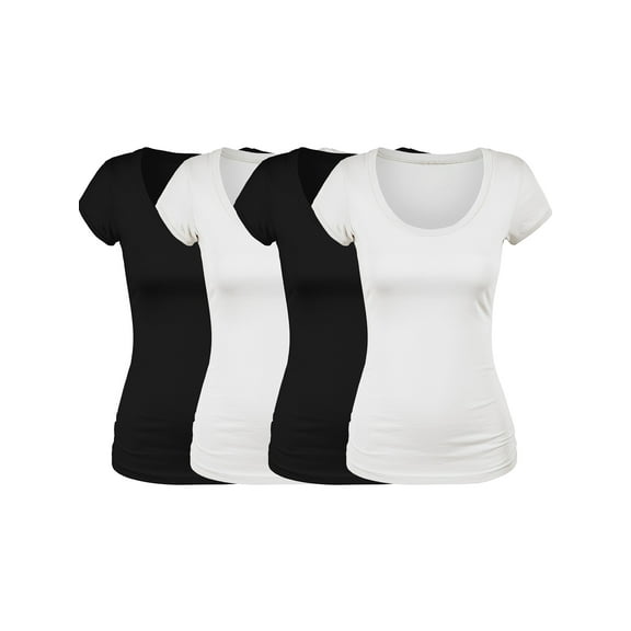 Essential Basic Scoop Neck Short Sleeve Basic Tee - 4 Pack - Bk, Bk, Wh, Wh, L