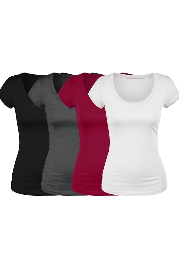Scoop Neck Short Sleeve Basic Tee - 4 Pack - Bk, Wh, HChr, Dk Red, M
