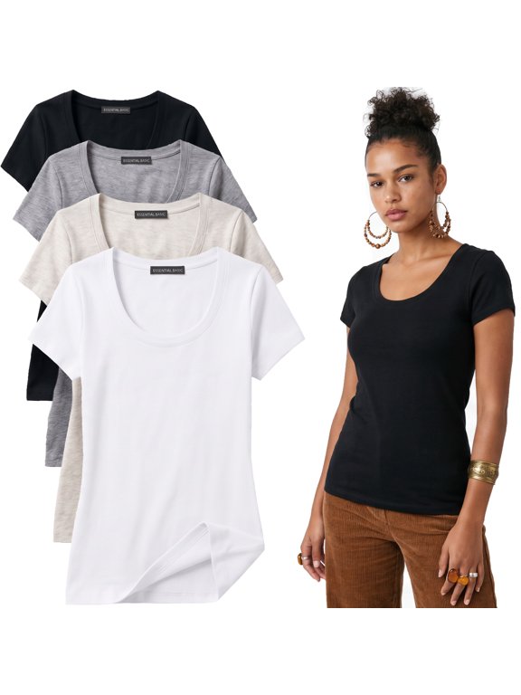 Scoop Neck Short Sleeve Basic Tee - 4 Pack - Bk, Wh, HGry, Oat, M