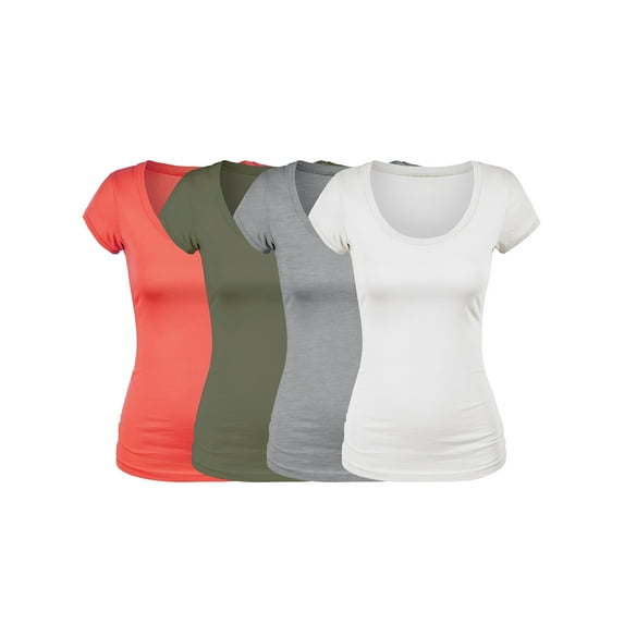 Essential Basic Scoop Neck Short Sleeve Basic Tee - 4 Pack - Br Crl, HGry, Lt Olv, Wh, M