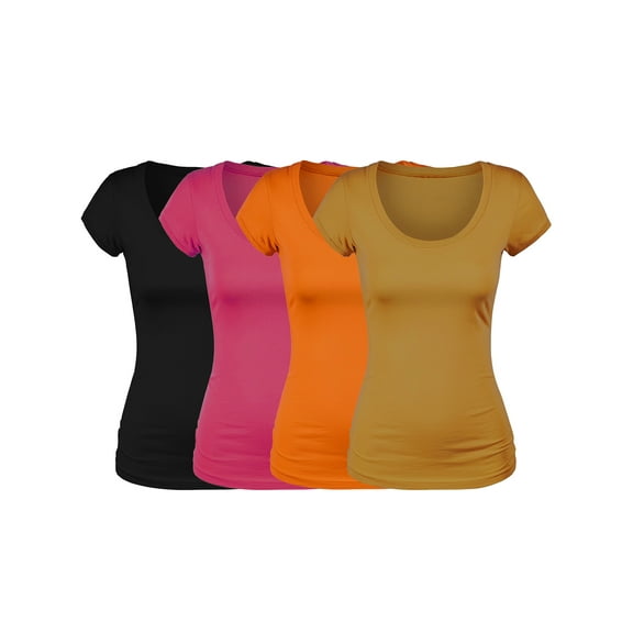 Essential Basic Scoop Neck Short Sleeve Basic Tee - 4 Pack - Gd Mstd, Spcy Ornge, Fchsia, Blk, S