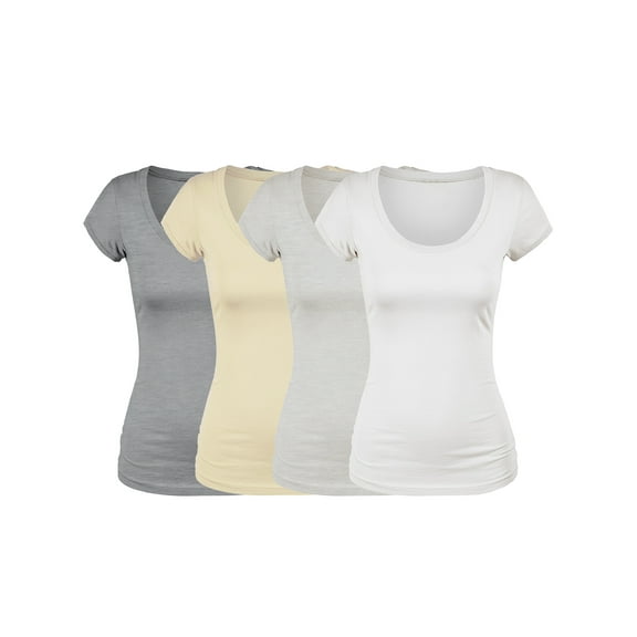 Essential Basic Scoop Neck Short Sleeve Basic Tee - 4 Pack - Wht, Oat, Beige, H Grey, M
