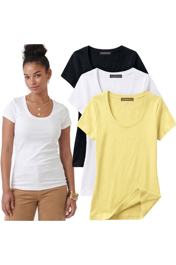 Scoop Neck Short Sleeve Tee Women Basic Tshirt - 3 Pk Value Deal, Junior to Plus Sizes