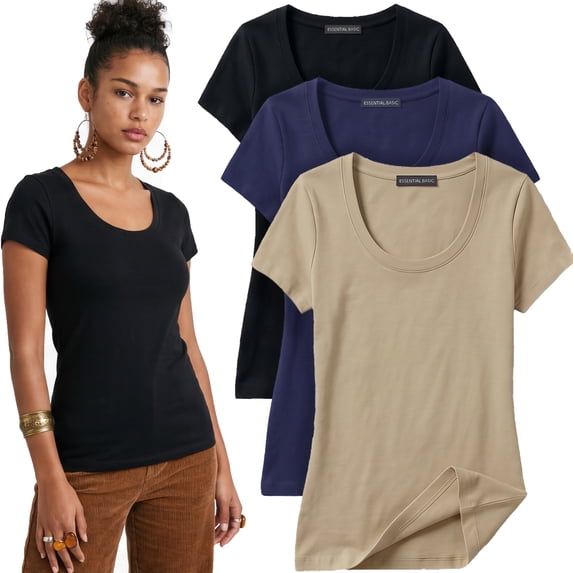 Essential Basic Scoop Neck Short Sleeve Tee Women Basic Tshirt - 3 Pk Value Deal, Junior to Plus Sizes