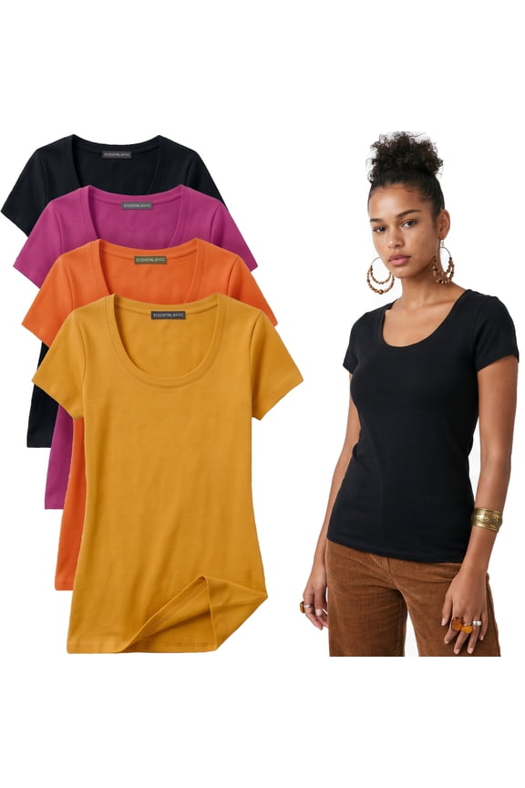Scoop Neck Short Sleeve Tee Women Basic Tshirt - 4 Pk Value Deal, Junior to Plus Sizes