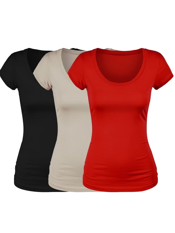 Scoop Neck Short Sleeve Tee Women Basic Tshirt - Value Pk Deal, Junior to Plus Sizes