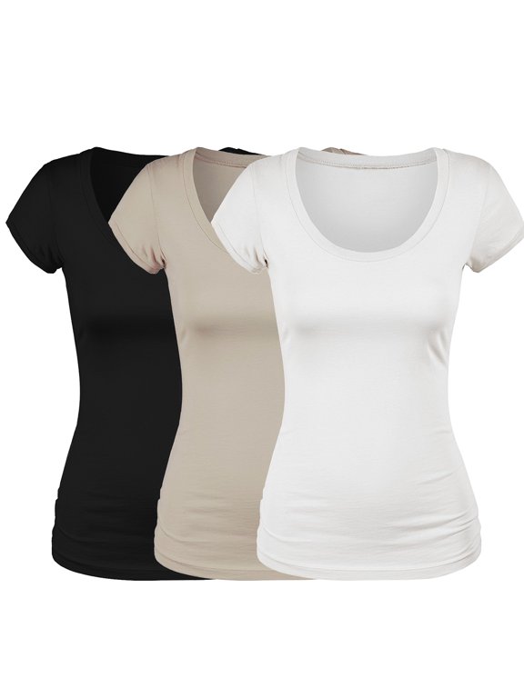 Scoop Neck Short Sleeve Tee Women Basic Tshirt - Value Pk Deal, Junior to Plus Sizes