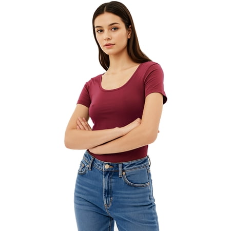 Essential Basic Scoop Neck Short Sleeve Tee for Women Tshirt - Junior, Burgundy, S