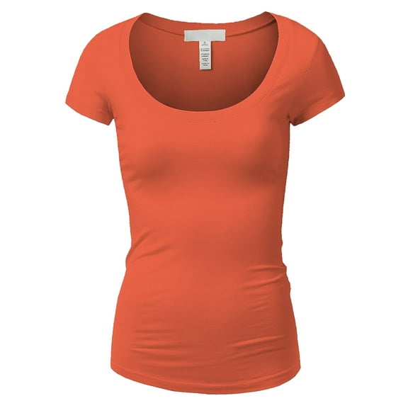 Essential Basic Scoop Neck Short Sleeve Tee for Women Tshirt - Junior, Coral, S