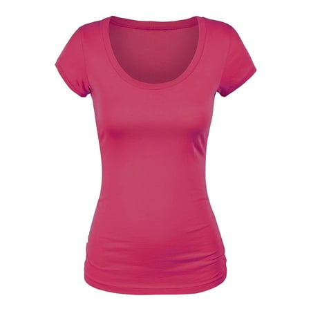 Essential Basic Scoop Neck Short Sleeve Tee for Women Tshirt - Junior, Fuschia, S