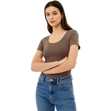 Essential Basic Scoop Neck Short Sleeve Tee for Women Tshirt - Junior, Mocha, S
