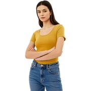 Essential Basic Scoop Neck Short Sleeve Tee for Women Tshirt - Junior, Mustard, L