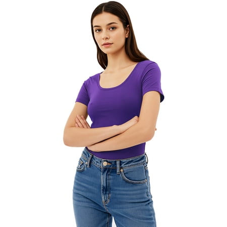 Essential Basic Scoop Neck Short Sleeve Tee for Women Tshirt - Junior, Purple, S