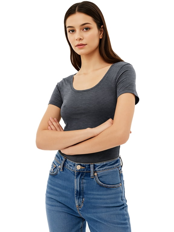Scoop Neck Short Sleeve Tee for Women Tshirt -Plus, Heather Charcoal, 2XL