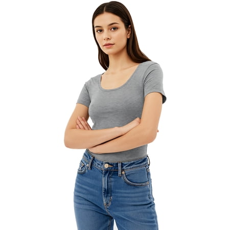 Essential Basic Scoop Neck Short Sleeve Tee for Women Tshirt -Plus, Heather Gray, 2XL