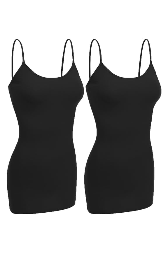 Women Basic Built In Bra Spaghetti Strap Cami Top Tank - 2 Pk Black Black, L