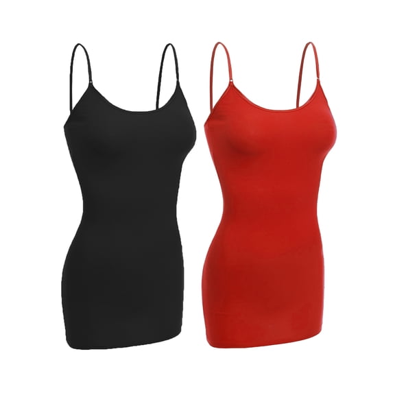 Essential Basic Women Basic Built In Bra Spaghetti Strap Cami Top Tank - 2 Pk Black Red, M