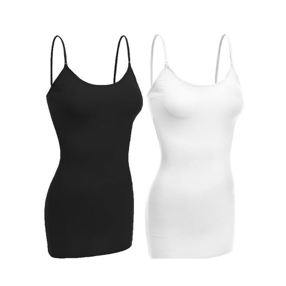 Essential Basic Women Basic Built In Bra Spaghetti Strap Cami Top Tank - 2 Pk Black White, L