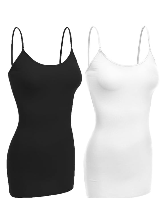 Women Basic Built In Bra Spaghetti Strap Cami Top Tank - 2 Pk Black White, L