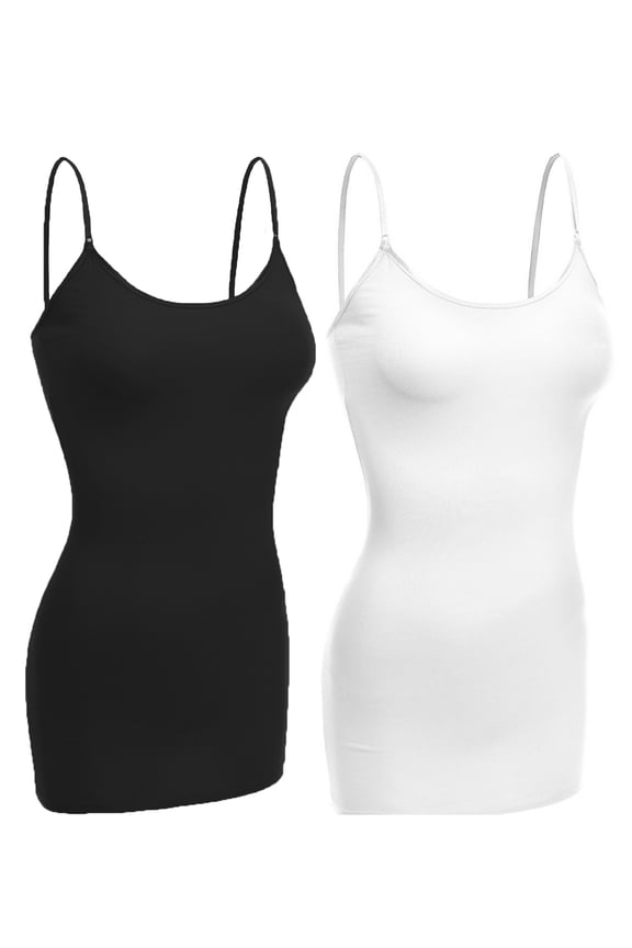 Women Basic Built In Bra Spaghetti Strap Cami Top Tank - 2 Pk Black White, M