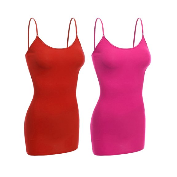 Essential Basic Women Basic Built In Bra Spaghetti Strap Cami Top Tank - 2 Pk Fuchsia Red, M