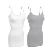 Essential Basic Women Basic Built In Bra Spaghetti Strap Cami Top Tank - 2 Pk White H Gray, L