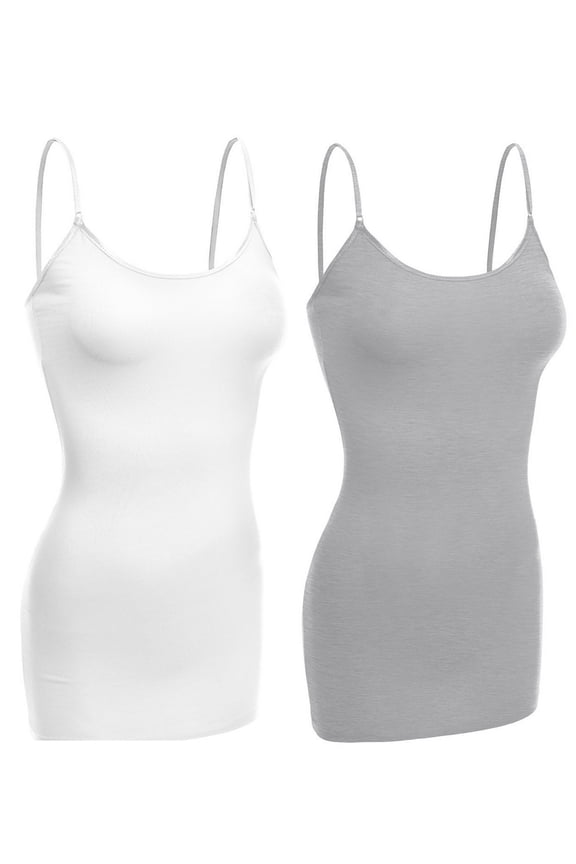 Women Basic Built In Bra Spaghetti Strap Cami Top Tank - 2 Pk White H Gray, L