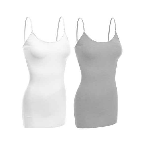 Essential Basic Women Basic Built In Bra Spaghetti Strap Cami Top Tank - 2 Pk White H Gray, S