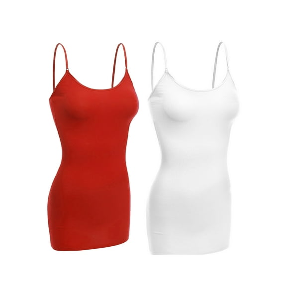 Essential Basic Women Basic Built In Bra Spaghetti Strap Cami Top Tank - 2 Pk White Red, L