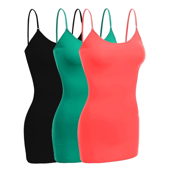Essential Basic Women Basic Built In Bra Spaghetti Strap Cami Top Tank - 3 Pk Black Coral Jade, M