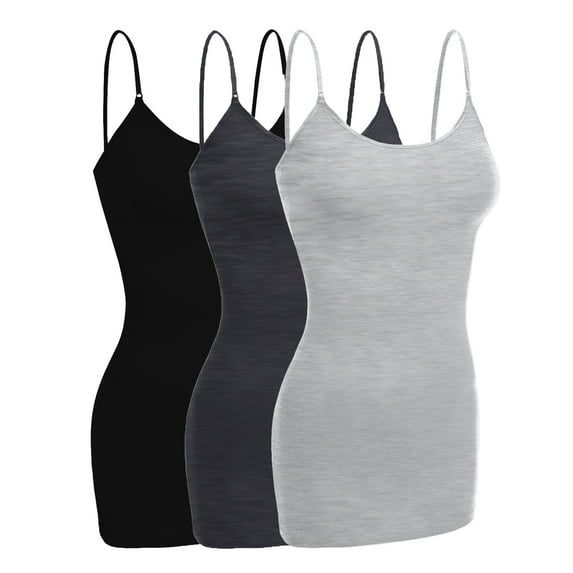 Essential Basic Women Basic Built In Bra Spaghetti Strap Cami Top Tank - 3 Pk Black Hgray H Charcaol, M