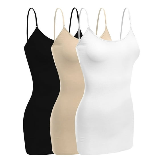Essential Basic Women Basic Built In Bra Spaghetti Strap Cami Top Tank - 3 Pk Khaki White Black, S