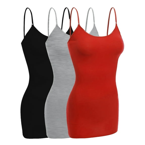 Essential Basic Women Basic Built In Bra Spaghetti Strap Cami Top Tank - 3 Pk Red Black Hgray, L