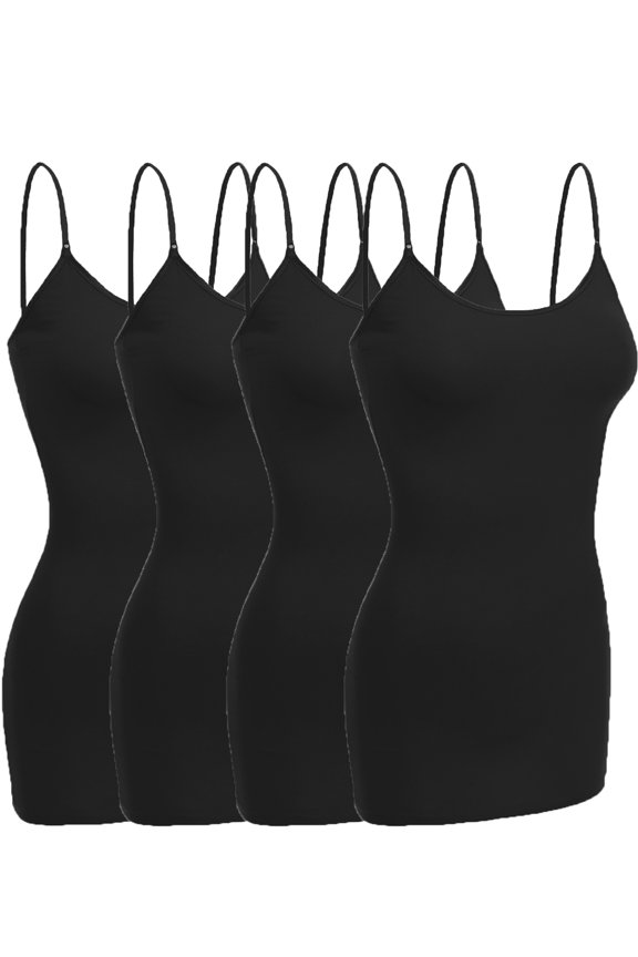 Women Basic Built In Bra Spaghetti Strap Cami Top Tank - 4 Pk Black Black Black Black, S