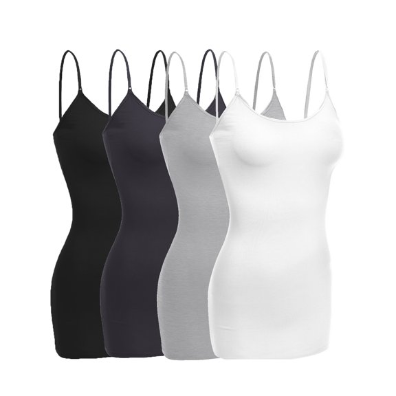 Essential Basic Women Basic Built In Bra Spaghetti Strap Cami Top Tank - 4 Pk Black Gray Hgray White, S