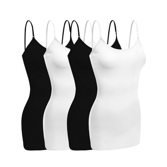 Essential Basic Women Basic Built In Bra Spaghetti Strap Cami Top Tank - 4 Pk Black White Black White, L