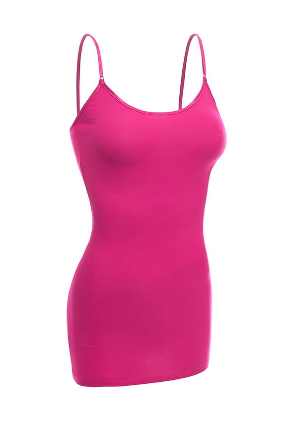 Women Basic Built In Bra Spaghetti Strap Cami Top Tank - Hot Pink, S