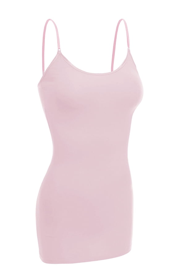 Women Basic Built In Bra Spaghetti Strap Cami Top Tank - Light Pink, M