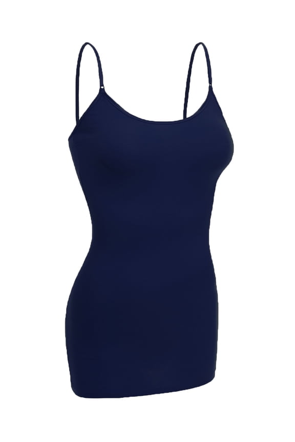 Women Basic Built In Bra Spaghetti Strap Cami Top Tank - Navy, L