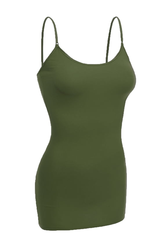 Women Basic Built In Bra Spaghetti Strap Cami Top Tank - Olive, S
